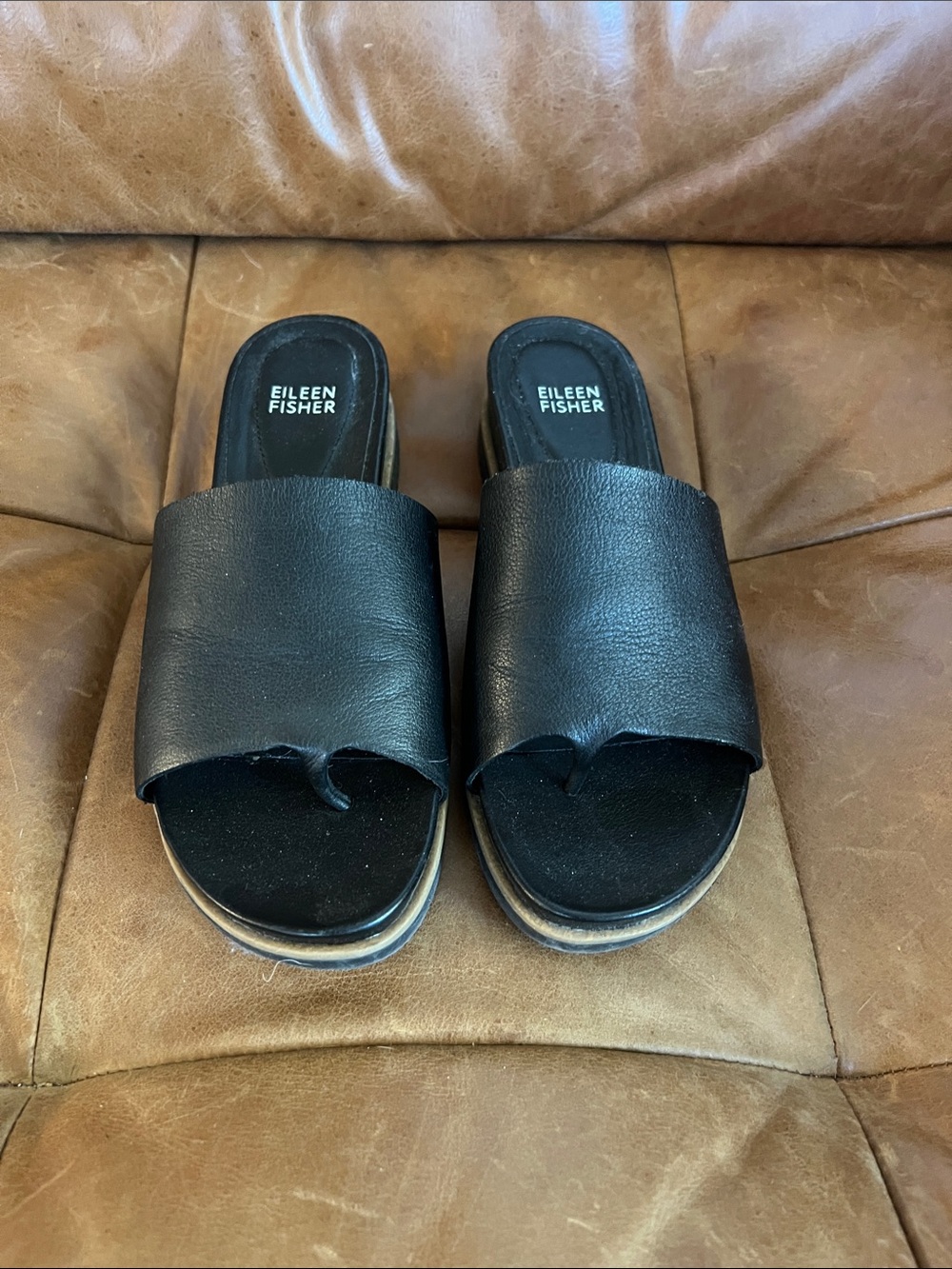 Eileen Fisher Black Leather Slide Sandals with Wide Strap Size 7